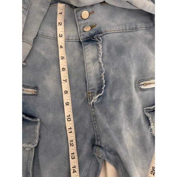 Y2K Cargo Jogger Jeans  L Light Wash Denim Utility Shirt Tie Waist Pockets Edgy - Picture 8 of 14